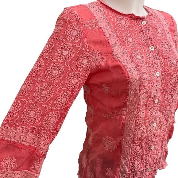 JOHNNY WAS BUTTON FRONT CORAL Eyelet EMBROIDERED BLOUSE 3/4‎ sleeve sz small - Picture 3 of 9